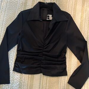 TADASHI SHOJI black formal, unadorned top with collar, back zip